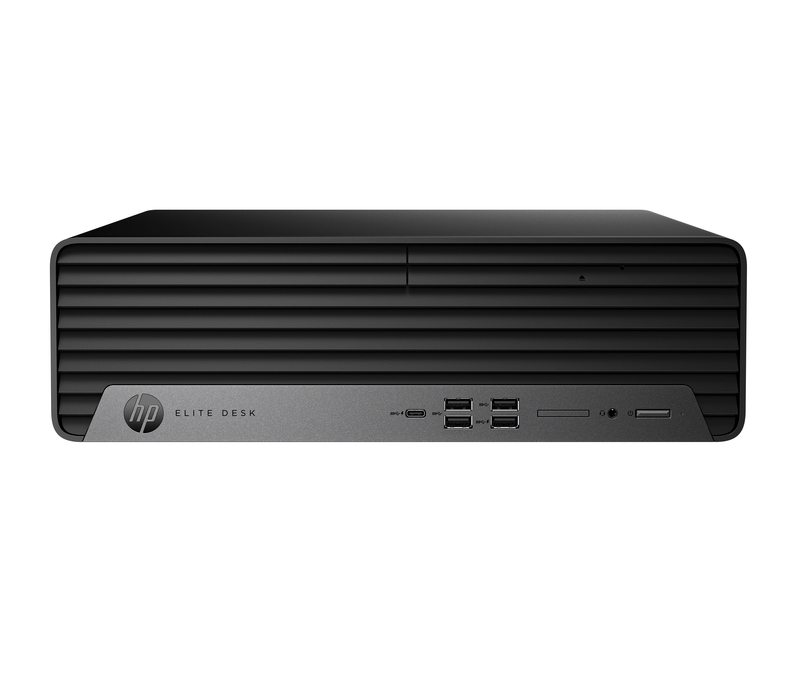 Czarny komputer stacjonarny HP EliteDesk, widok z przodu, z różnymi portami.