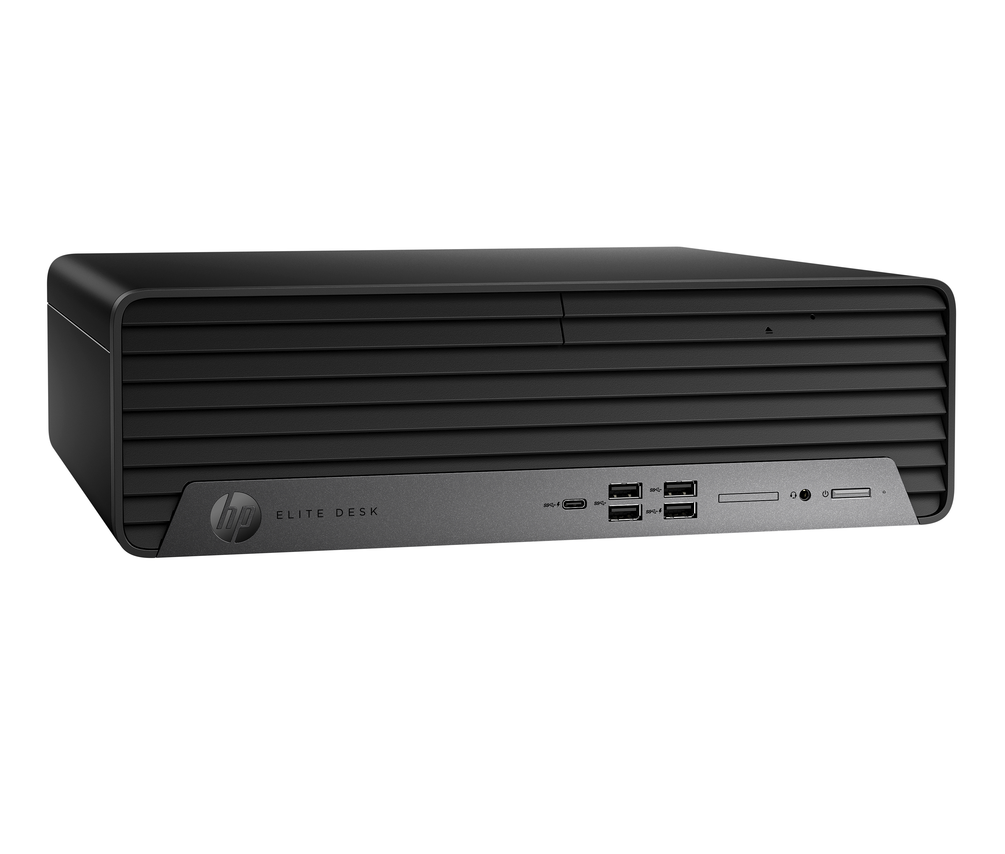 Czarny komputer stacjonarny HP EliteDesk. Widok z przodu z portami i logo HP.