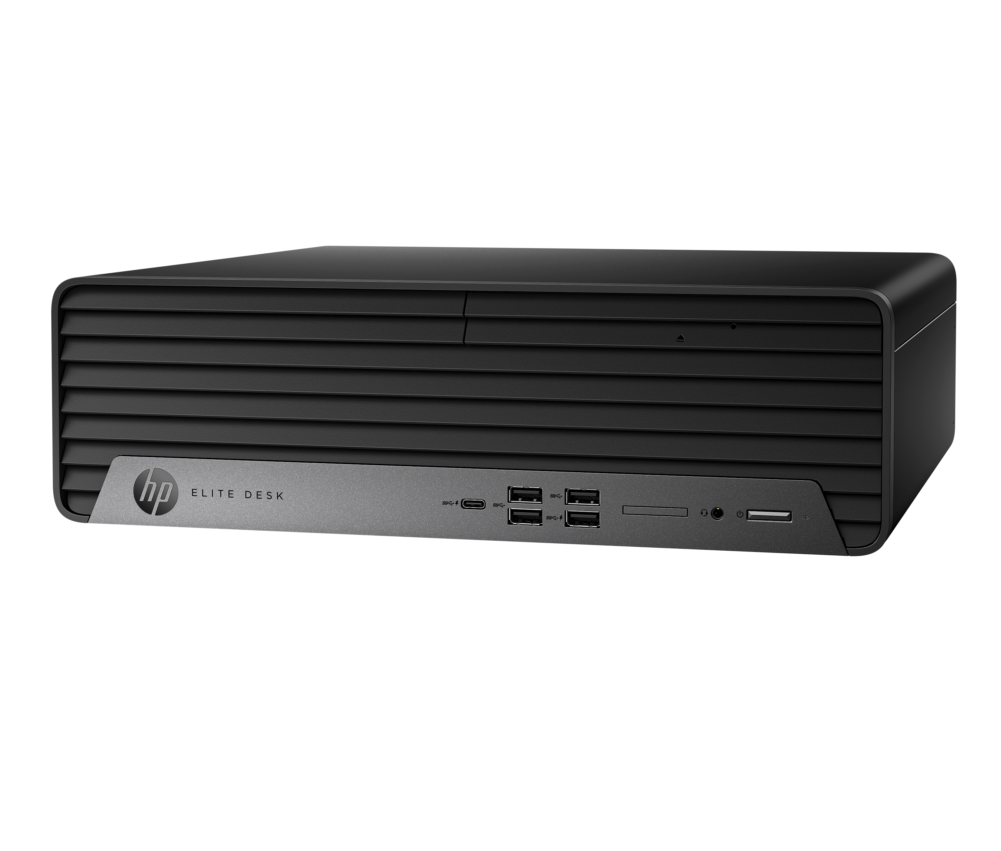 Czarny komputer stacjonarny HP EliteDesk. Ma porty z przodu i konstrukcję poziomą.