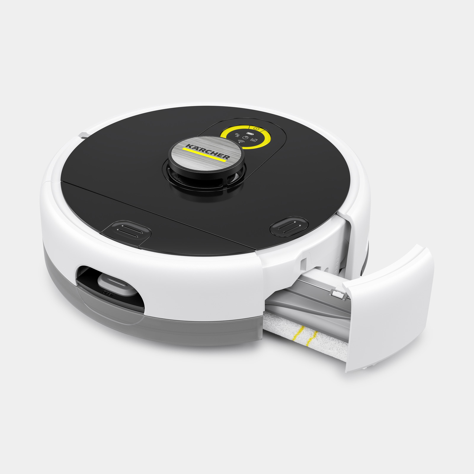 Weiß-schwarzer Roboter-Staubsauger mit offenem Fach, weißer Hintergrund.