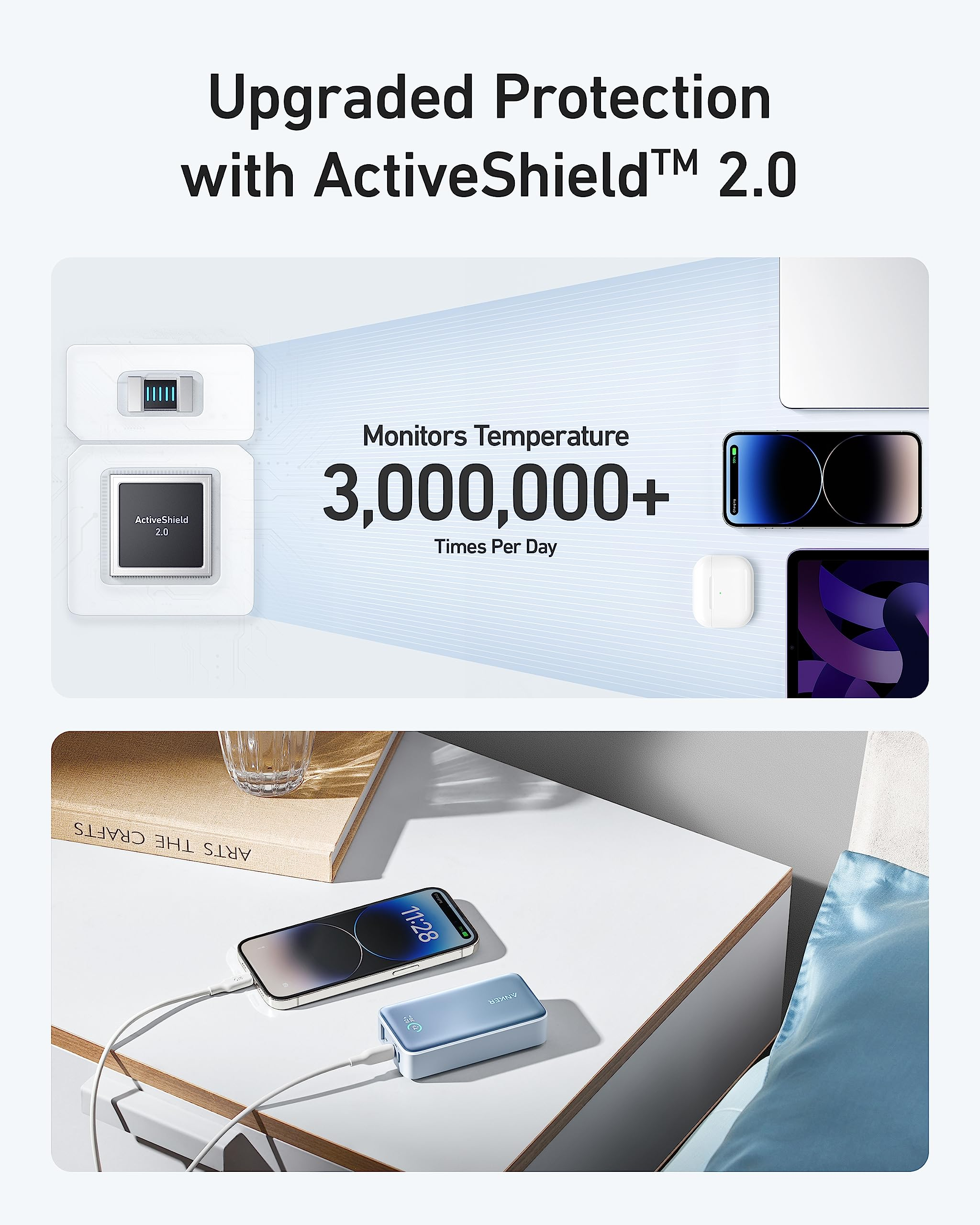 Immagine di prodotti per la ricarica del telefono. Testo: 'Upgraded Protection with ActiveShield™ 2.0'.