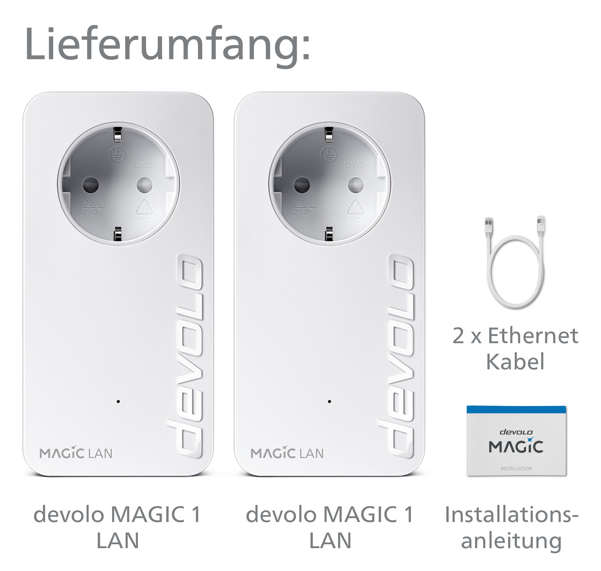 Dwa białe adaptery LAN devolo MAGIC 1, kable Ethernet i instrukcja instalacji, wszystko na białym tle.