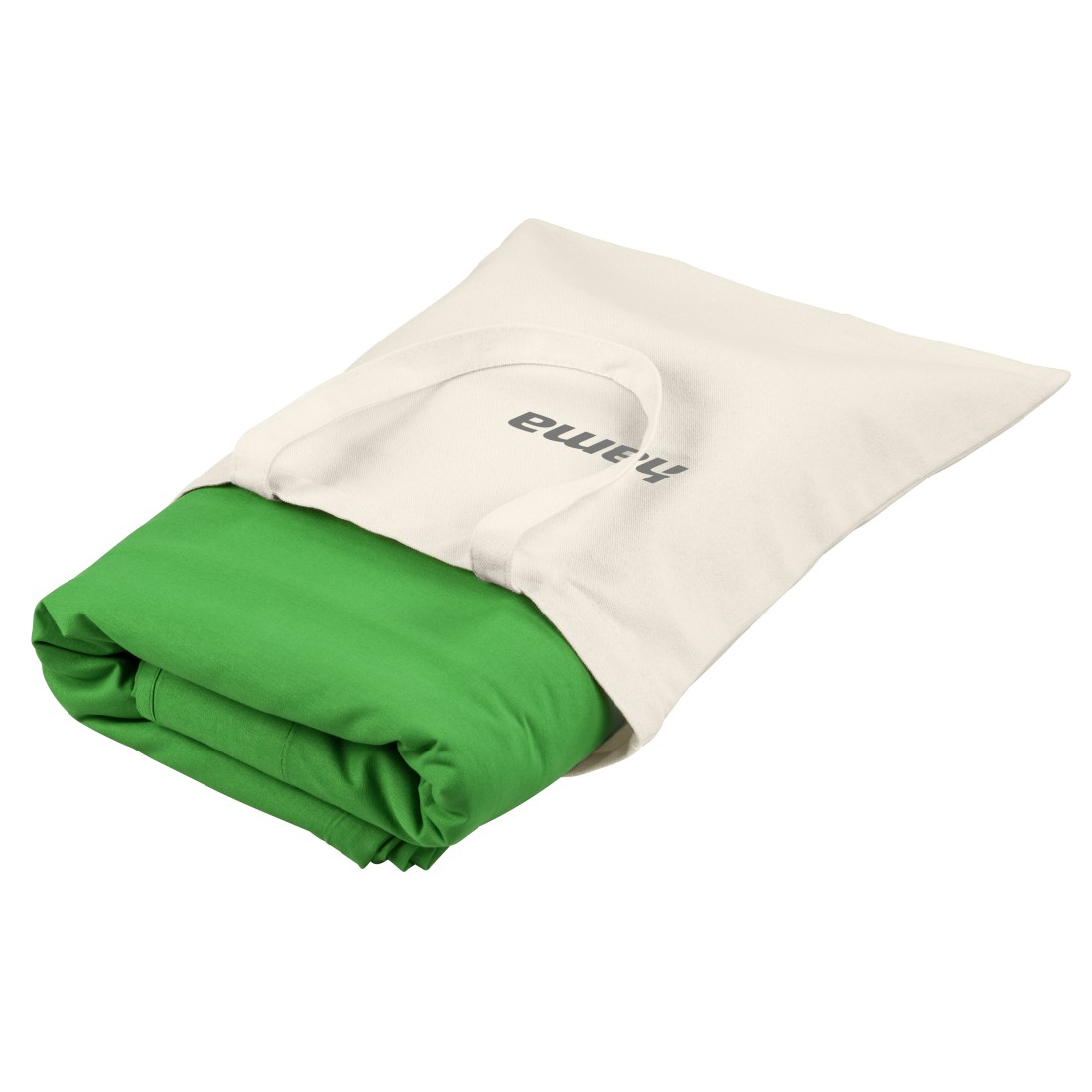 Un panno verde è in una borsa tote bianca con manico. La borsa ha del testo.