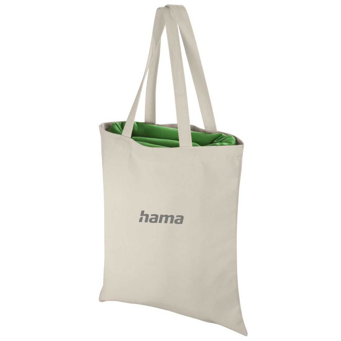 Borsa tote beige con interno verde e il logo 'hama'. Sfondo bianco.