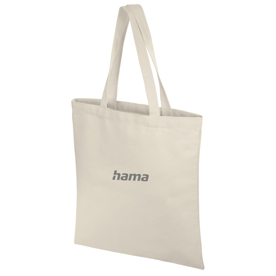 Borsa tote bianca con 'hama' stampato, su sfondo bianco.
