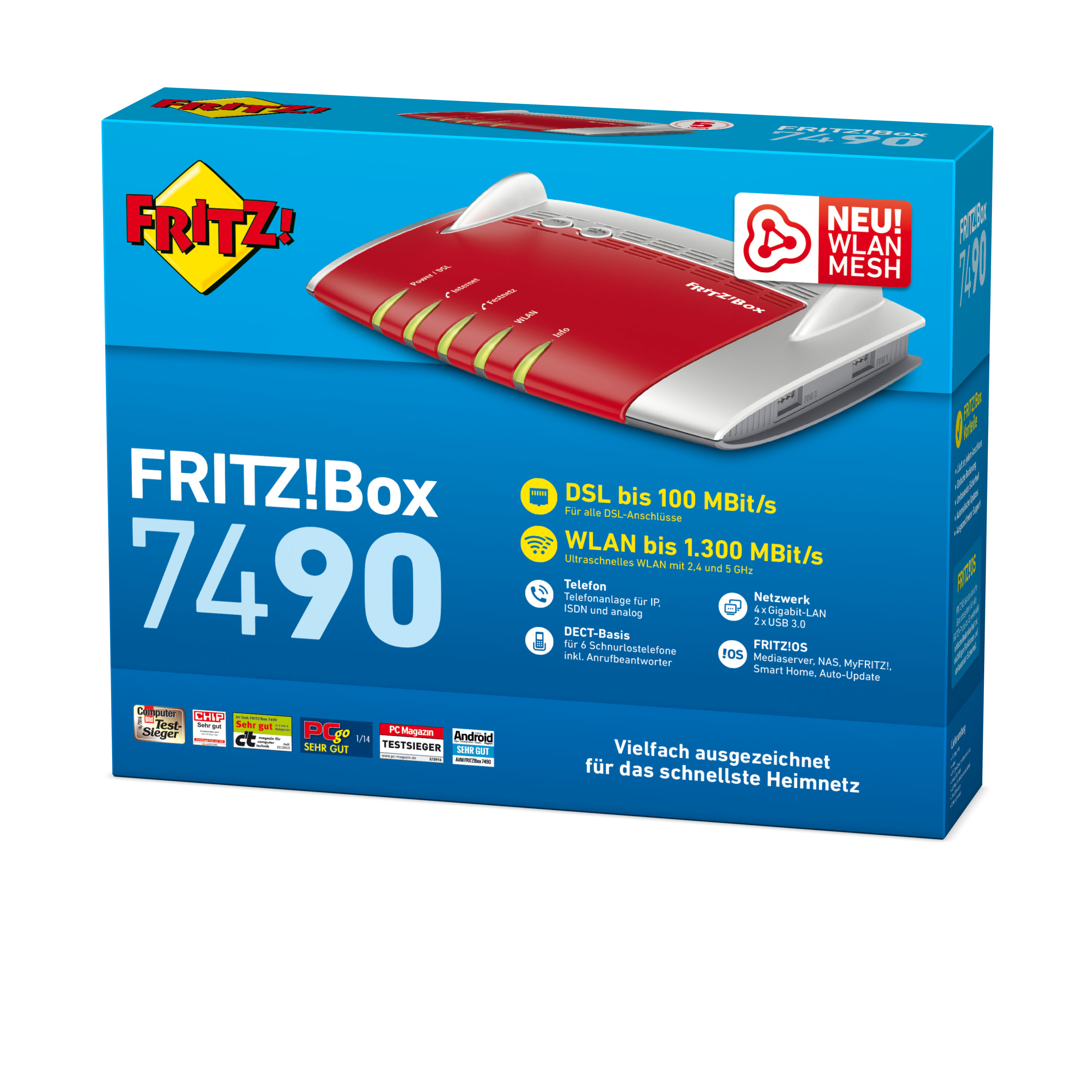 Czerwone i białe pudełko routera z tekstem i ikonami. Białe tło.