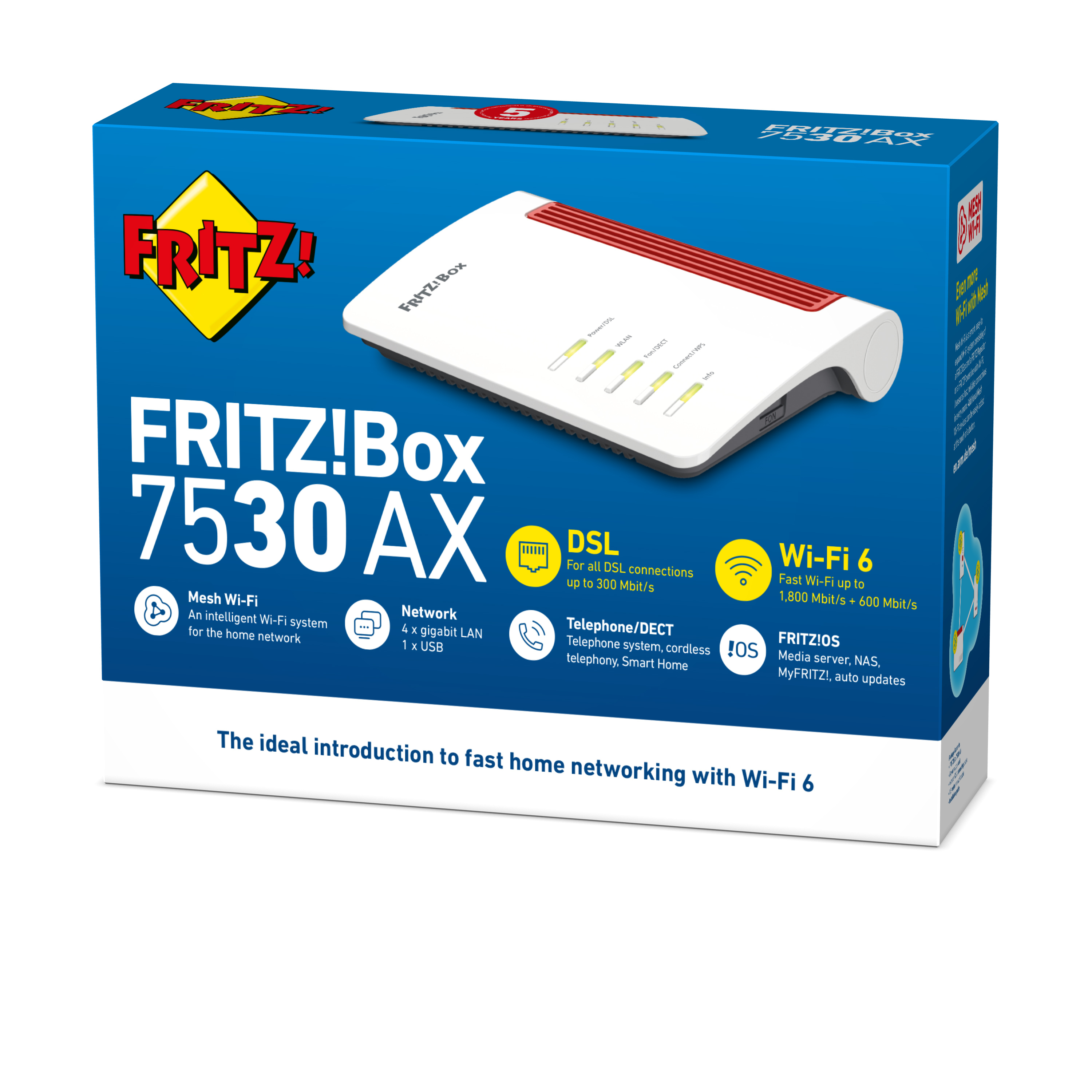 Router Wi-Fi Frit!Box, z pudełkiem z danymi produktu i białym routerem.