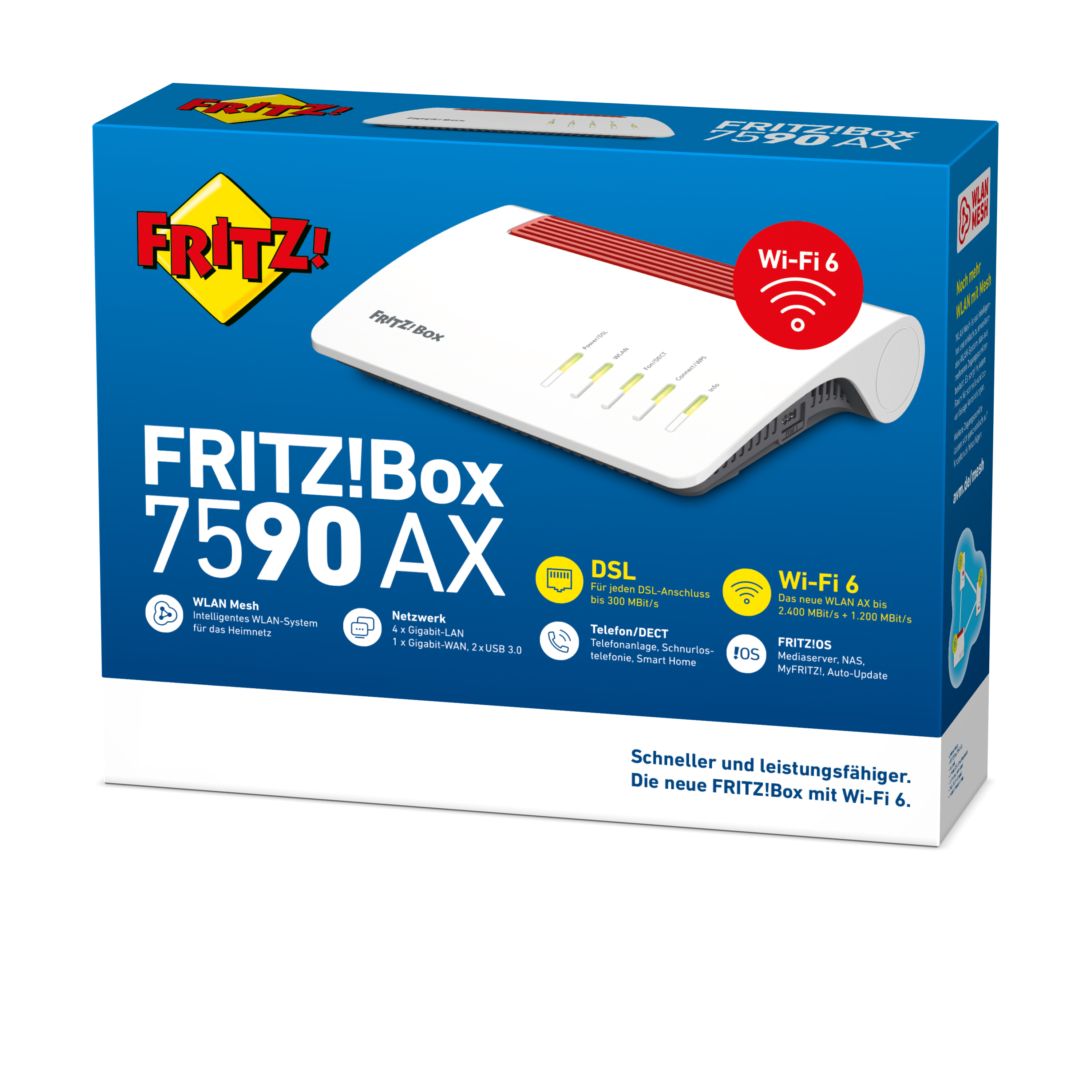 Białe pudełko routera z tekstem. Widoczne 'FRITZ!Box 7590 AX'. Logo Wi-Fi 6.