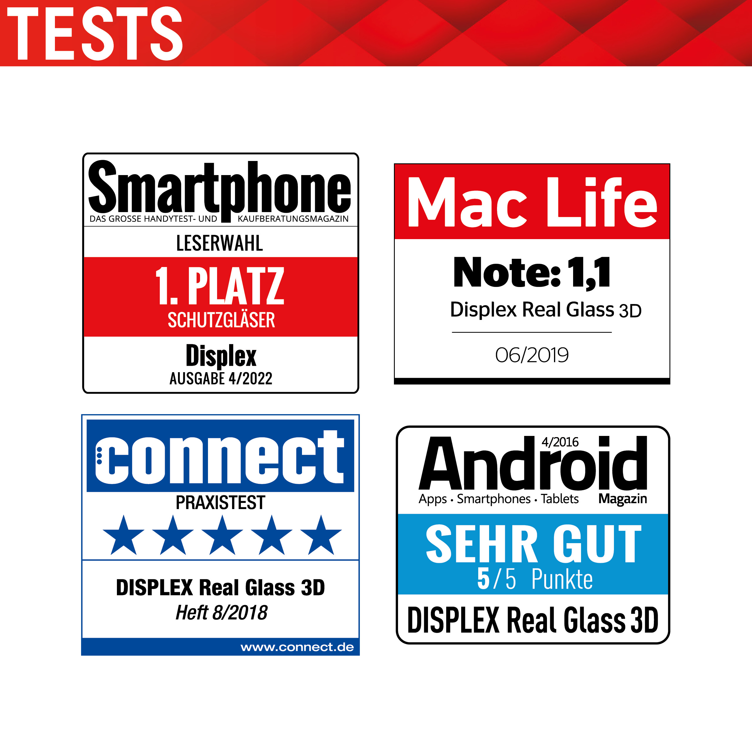 Diverse copertine di riviste con valutazioni. Smartphone, Mac Life, connect e Android. Tutti con Displex Real Glass 3D.