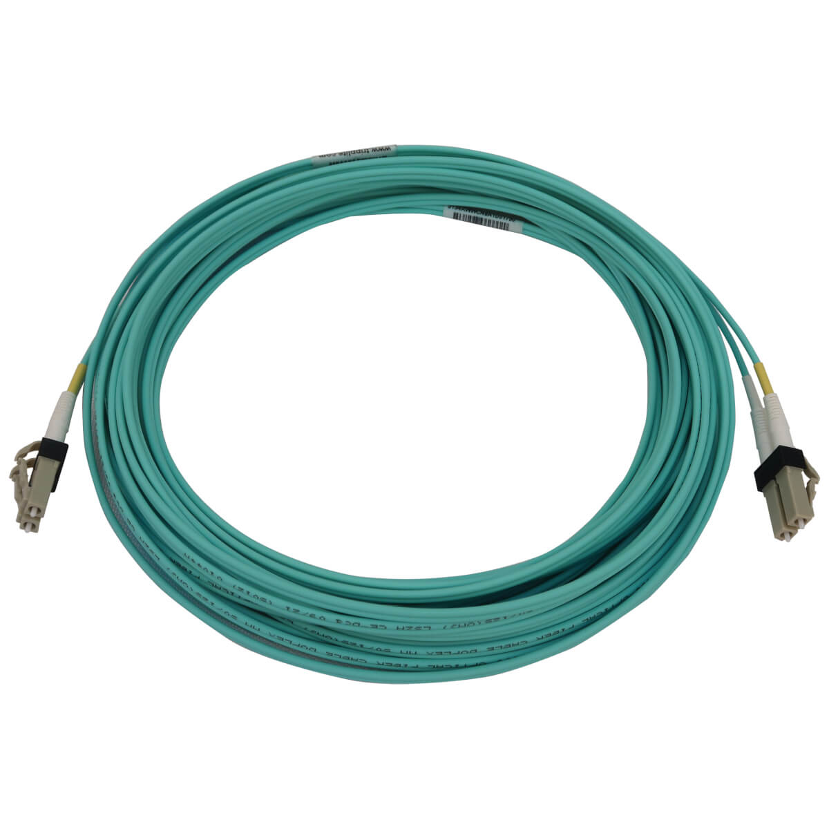 Cavo in fibra ottica a spirale turchese con connettori ad ogni estremità. Il cavo è turchese, connettori bianchi.