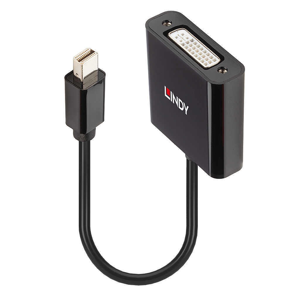 Cavo adattatore Lindy nero. Un'estremità è Mini DisplayPort, l'altra DVI-D.