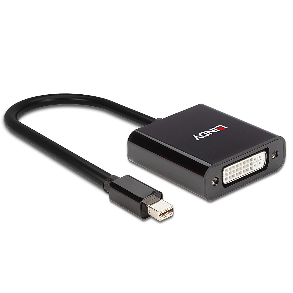Cavo adattatore Lindy nero. Un'estremità è Mini DisplayPort, l'altra DVI-D.