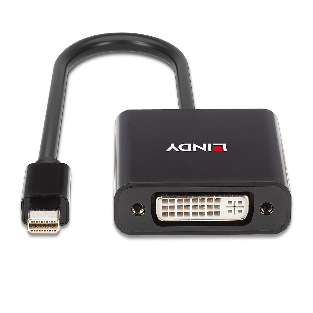 Cavo adattatore Lindy nero. Un'estremità è Mini DisplayPort, l'altra DVI-D.