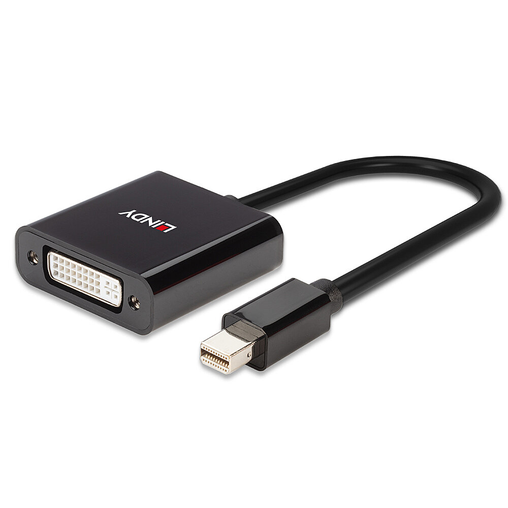 Cavo adattatore Lindy nero. Un'estremità è Mini DisplayPort, l'altra DVI-D.