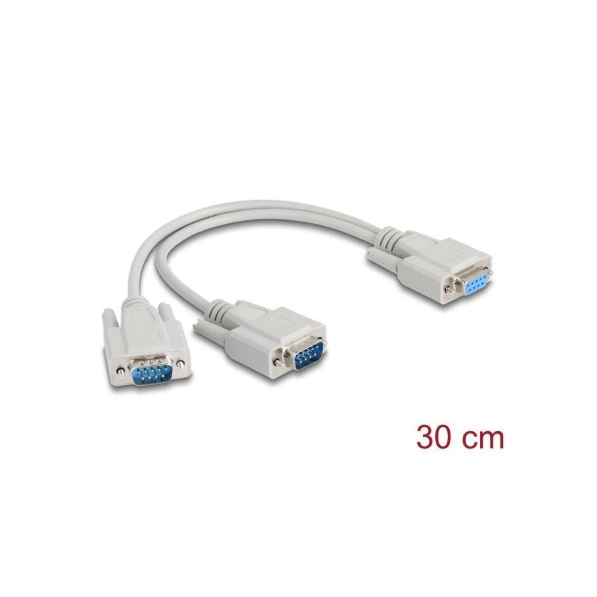 Witte en grijze kabel met blauwe connectoren. De tekst "30 cm" is zichtbaar.