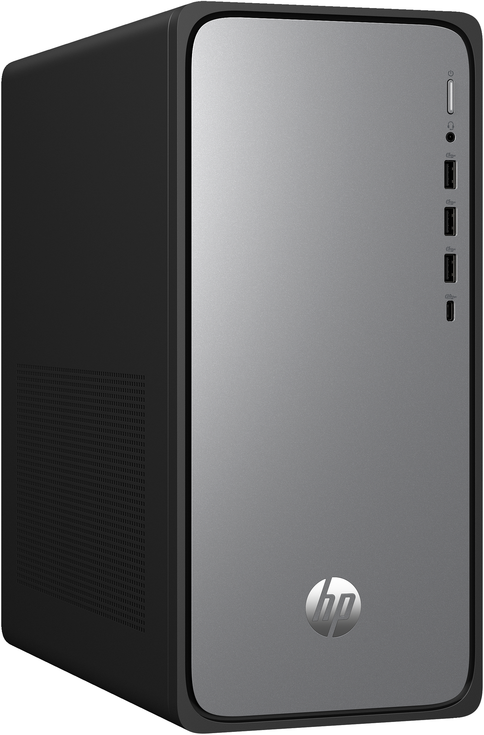 A black and silver HP desktop computer with a silver HP logo on the front.