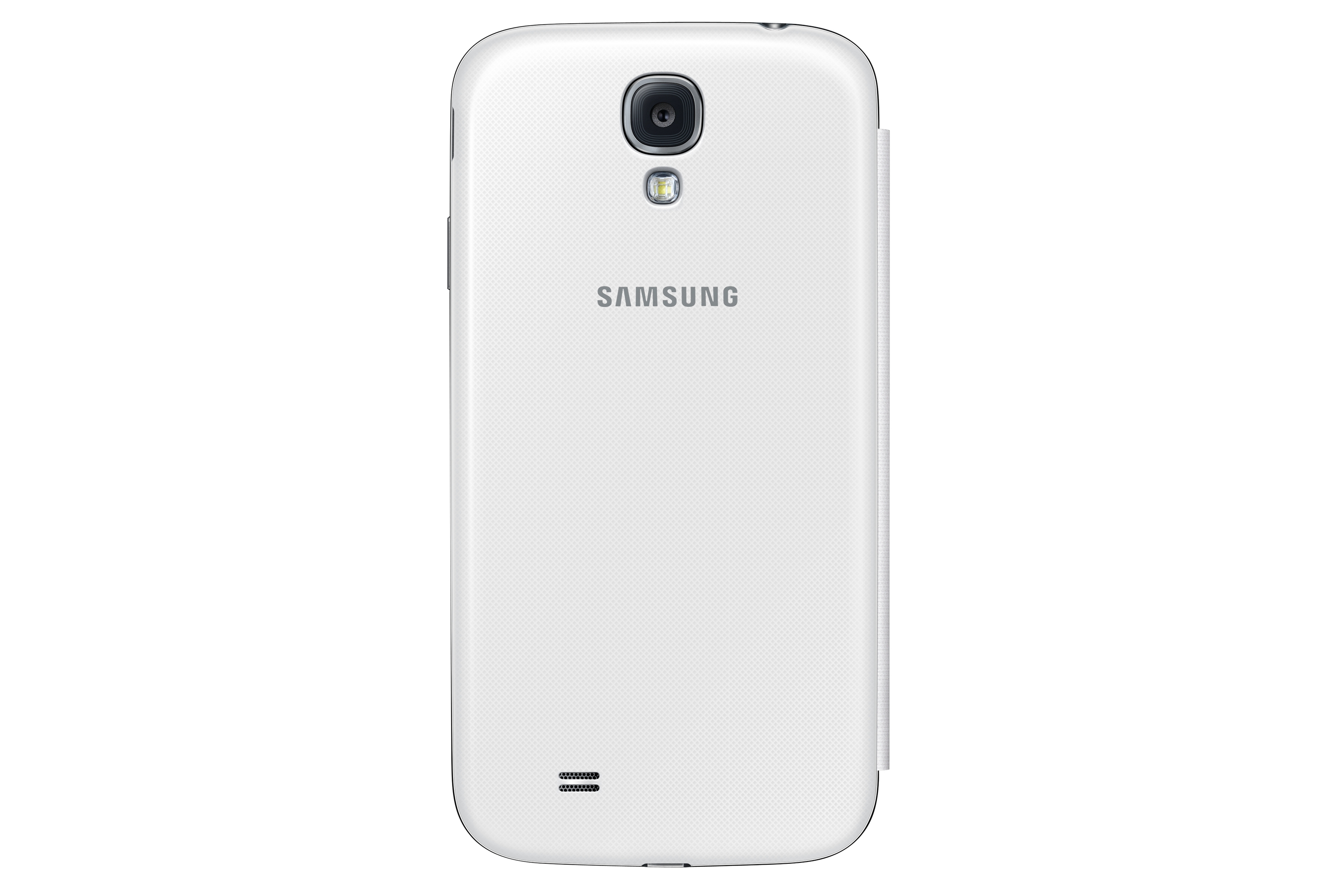 Teléfono Samsung blanco con una funda abatible blanca. Cámara y logo visibles en la parte trasera.