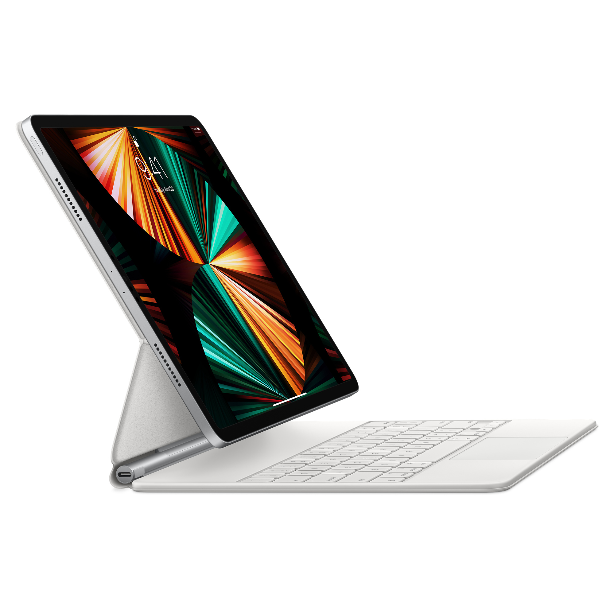 Silbernes iPad mit Tastaturhülle. Der Bildschirm zeigt eine farbenfrohe Grafik. Der Hintergrund ist weiß.