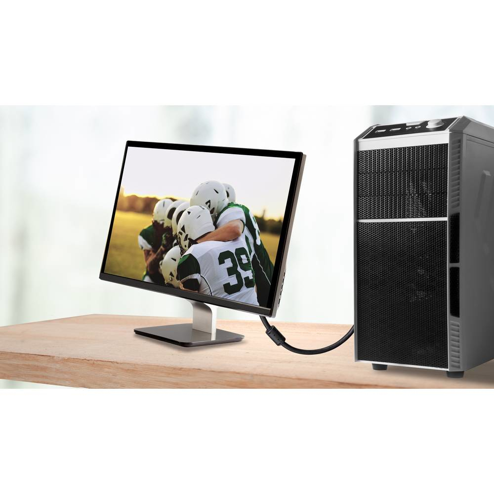 Un monitor mostra giocatori di football. Un computer e un monitor sono collegati da un cavo nero.