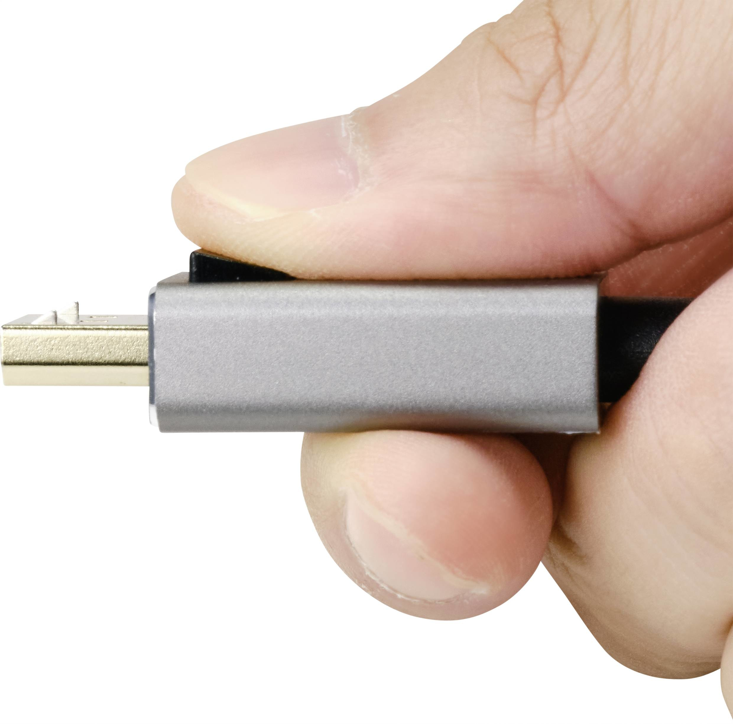 Una mano che tiene un connettore DisplayPort. Il connettore è argento e ha un pulsante nero.