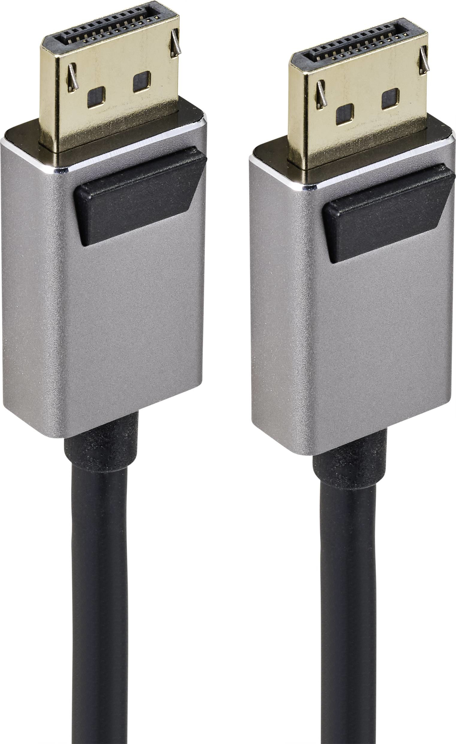 Due cavi DisplayPort con connettori argentati e cavi neri. Sono uno accanto all'altro.