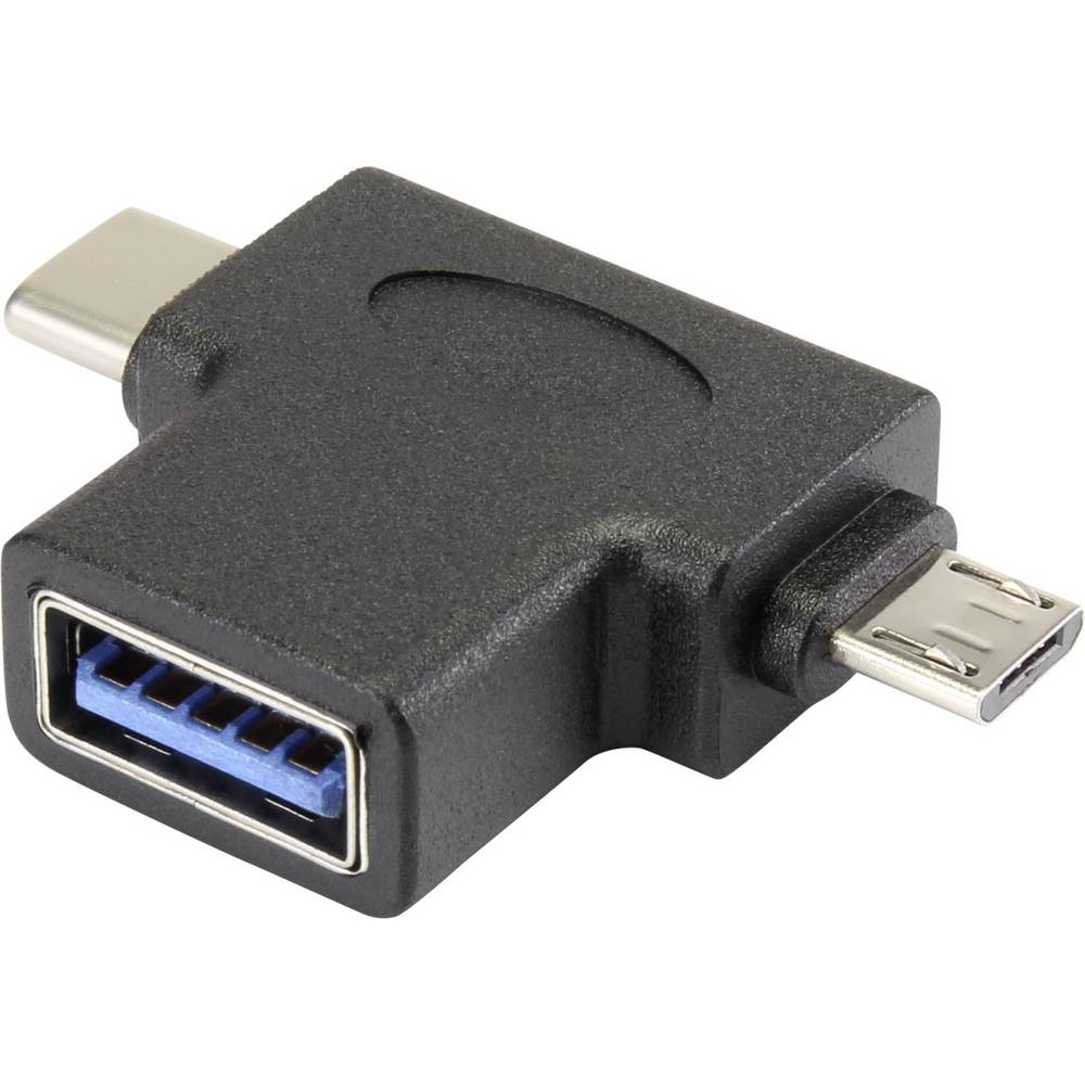 Adattatore USB-C a USB nero con porta USB blu e porta USB-C, angolato su bianco.