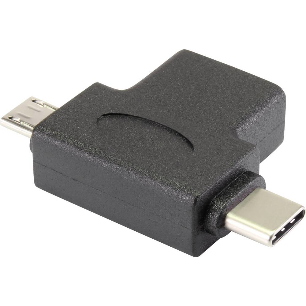 Adattatore nero con connettori Micro-USB e USB-C.
