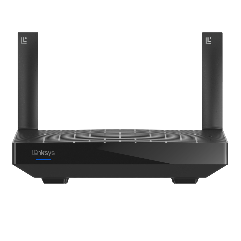 Czarny router z dwiema antenami. Ma logo Linksys.