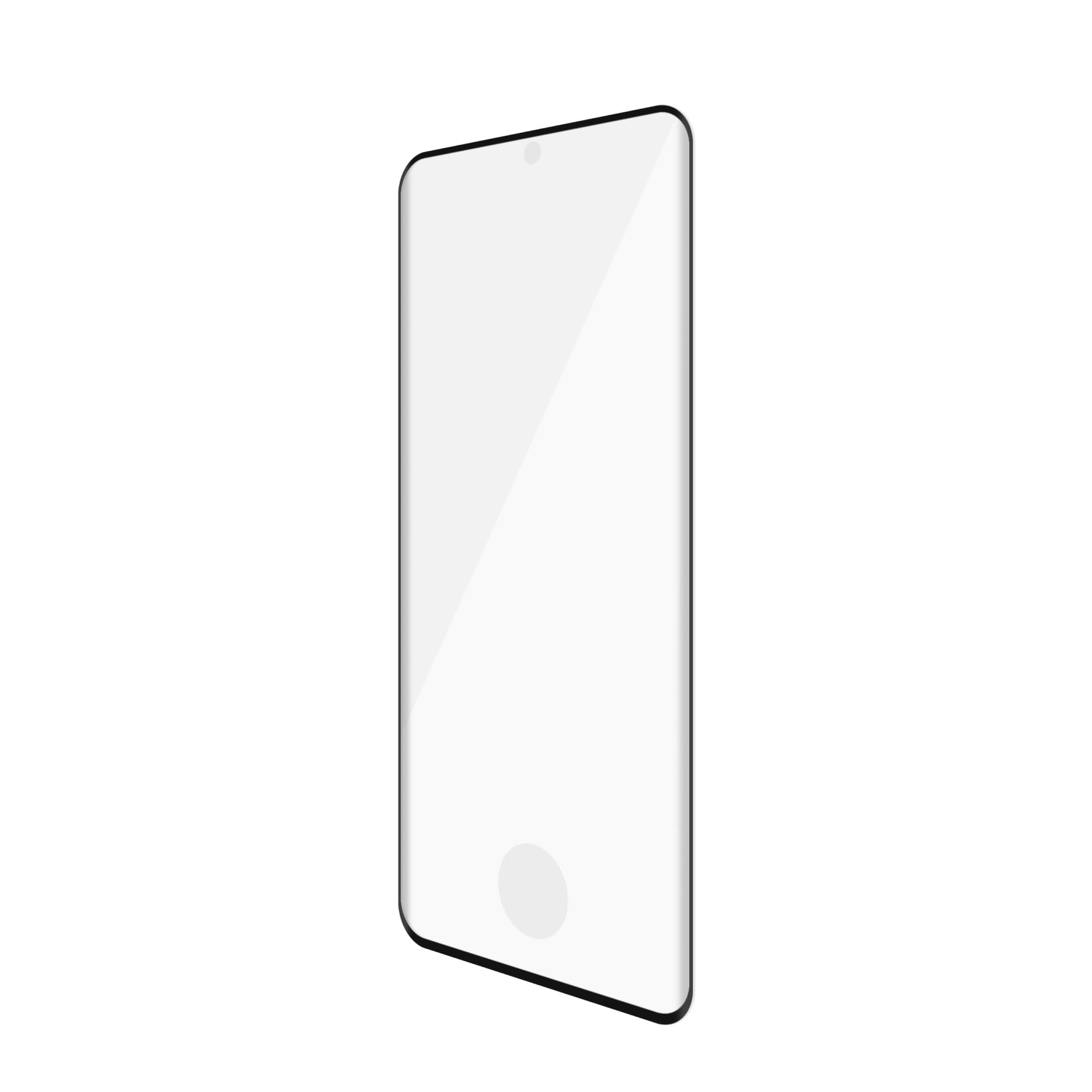 Una protezione schermo, cornice nera e un display bianco, isolato su bianco.