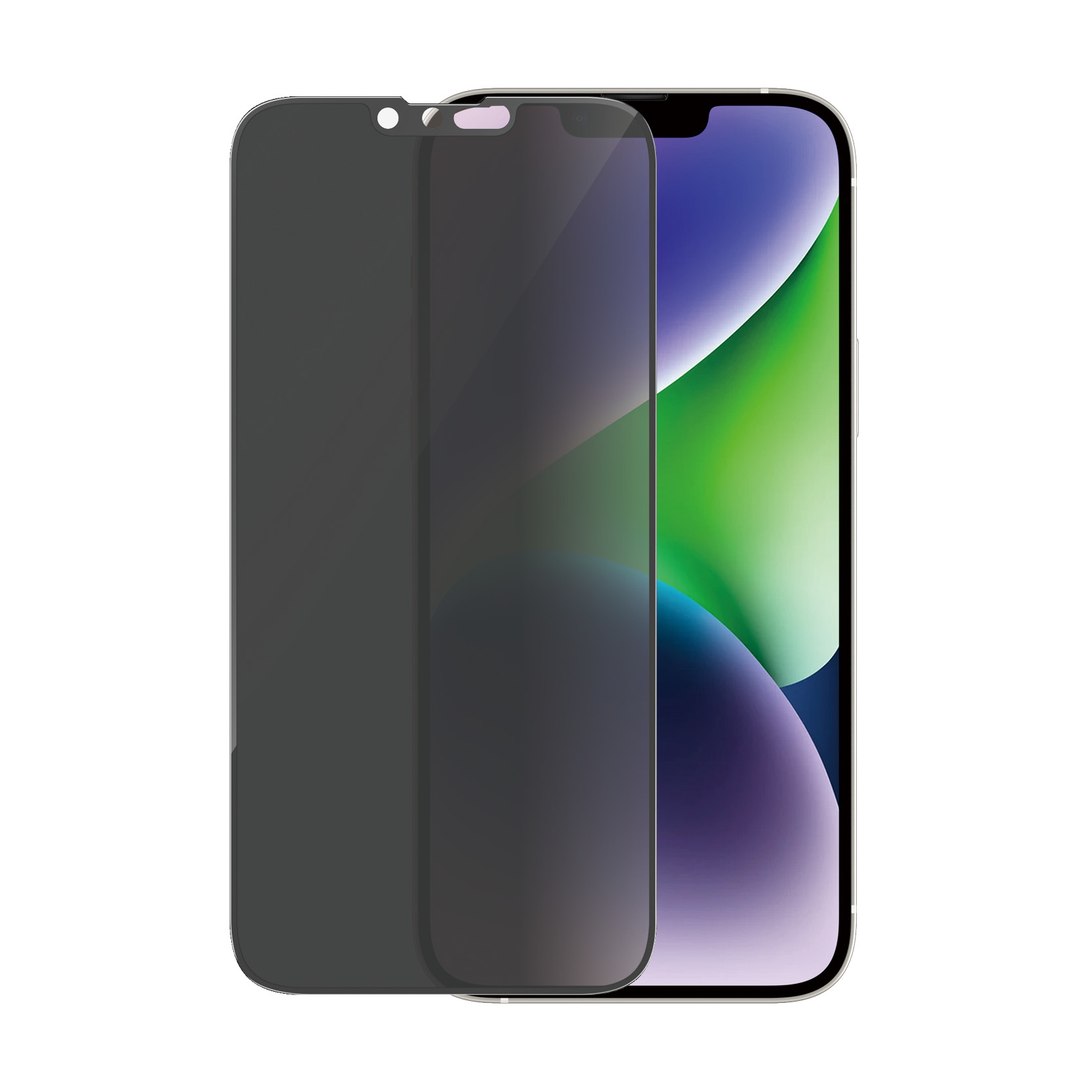 Un smartphone avec un protecteur d'écran appliqué. Le téléphone est noir et le protecteur est sombre et opaque.