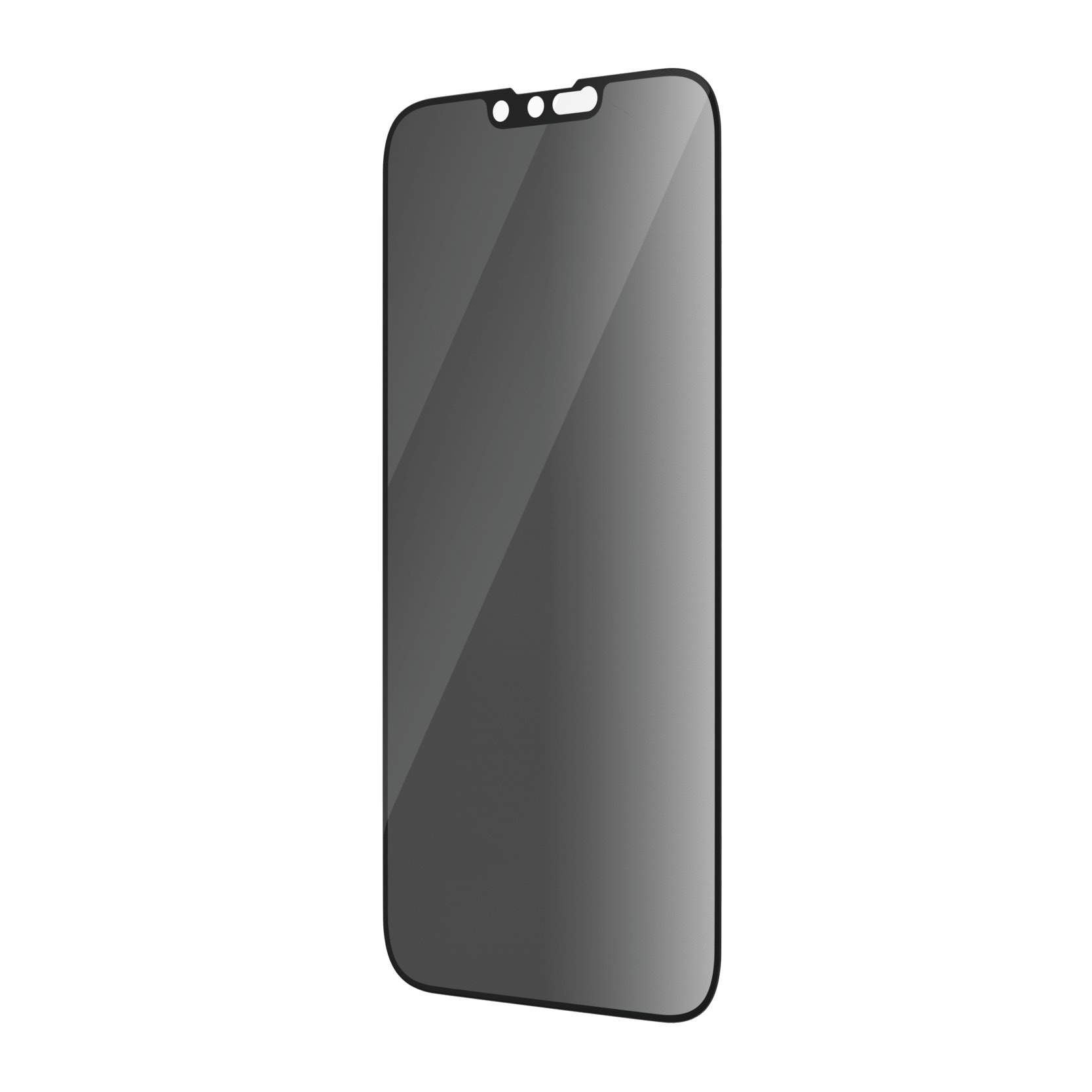 Un protecteur d'écran noir rectangulaire pour un téléphone, avec des trous pour la caméra.