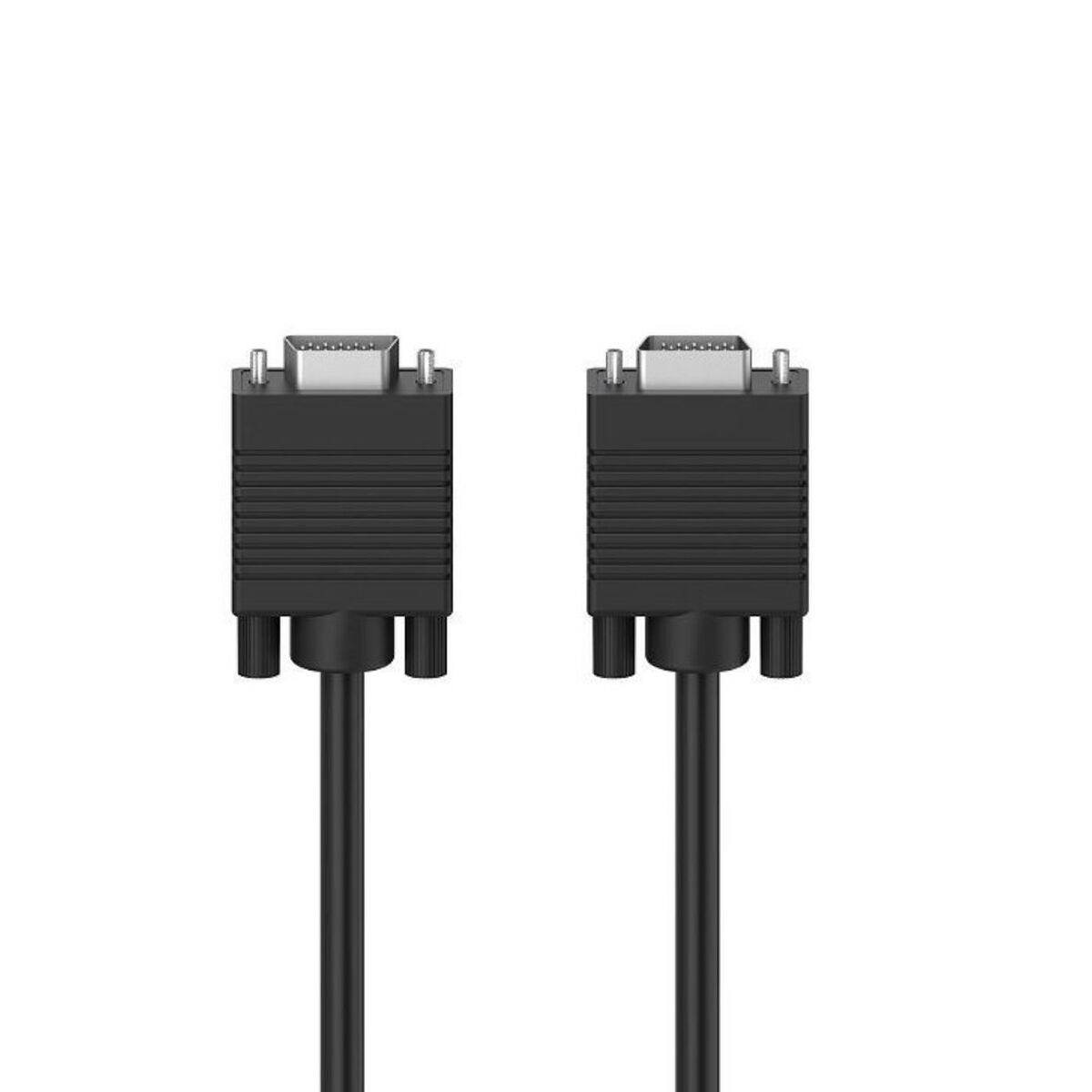 Due cavi VGA neri con connettori. Sono su uno sfondo bianco.