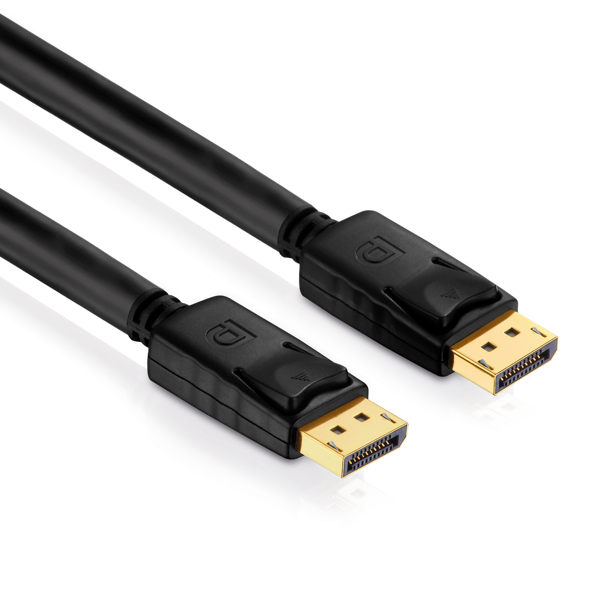 Cavo DisplayPort nero con connettori color oro su sfondo bianco.