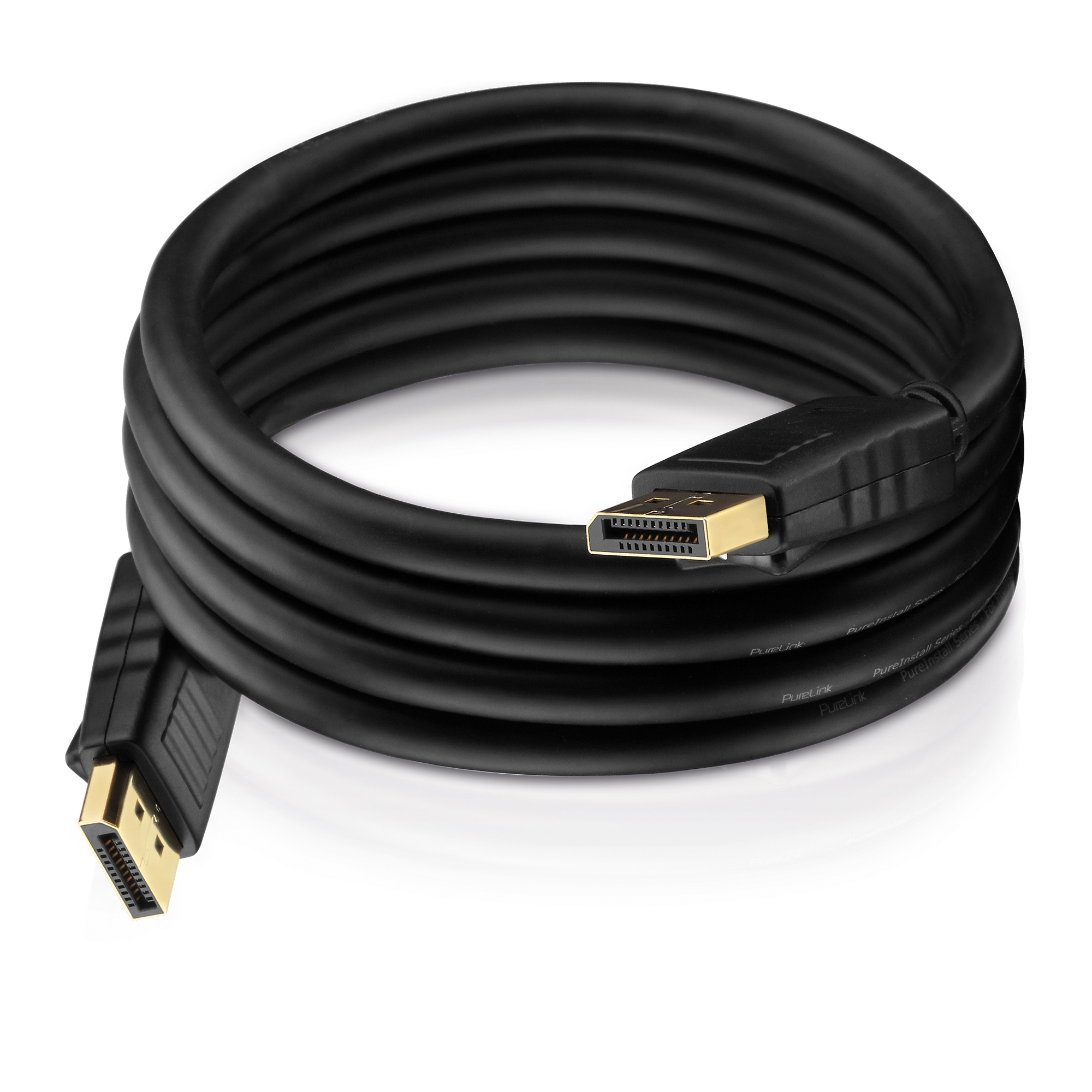 Cavo DisplayPort nero, arrotolato, con connettori dorati su sfondo bianco.