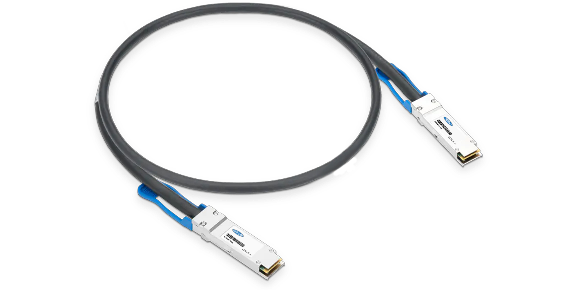 Cavo grigio scuro con connettori ad ogni estremità, dettagli blu, su sfondo bianco.