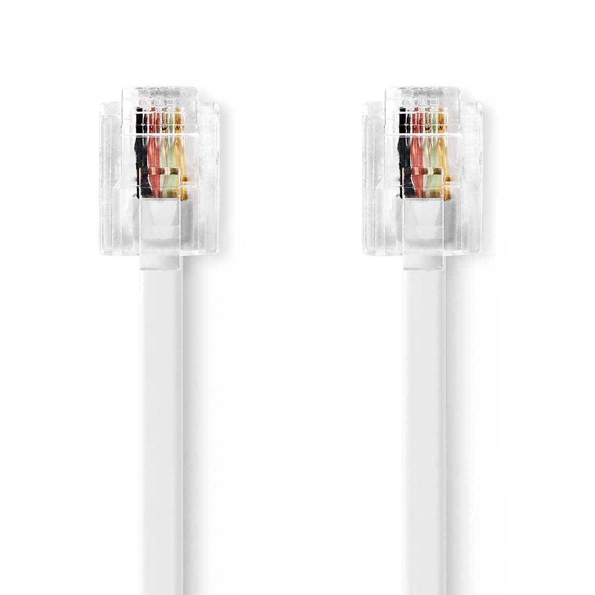 Due connettori RJ45 trasparenti con fili colorati visibili, collegati da cavi bianchi, su sfondo bianco.