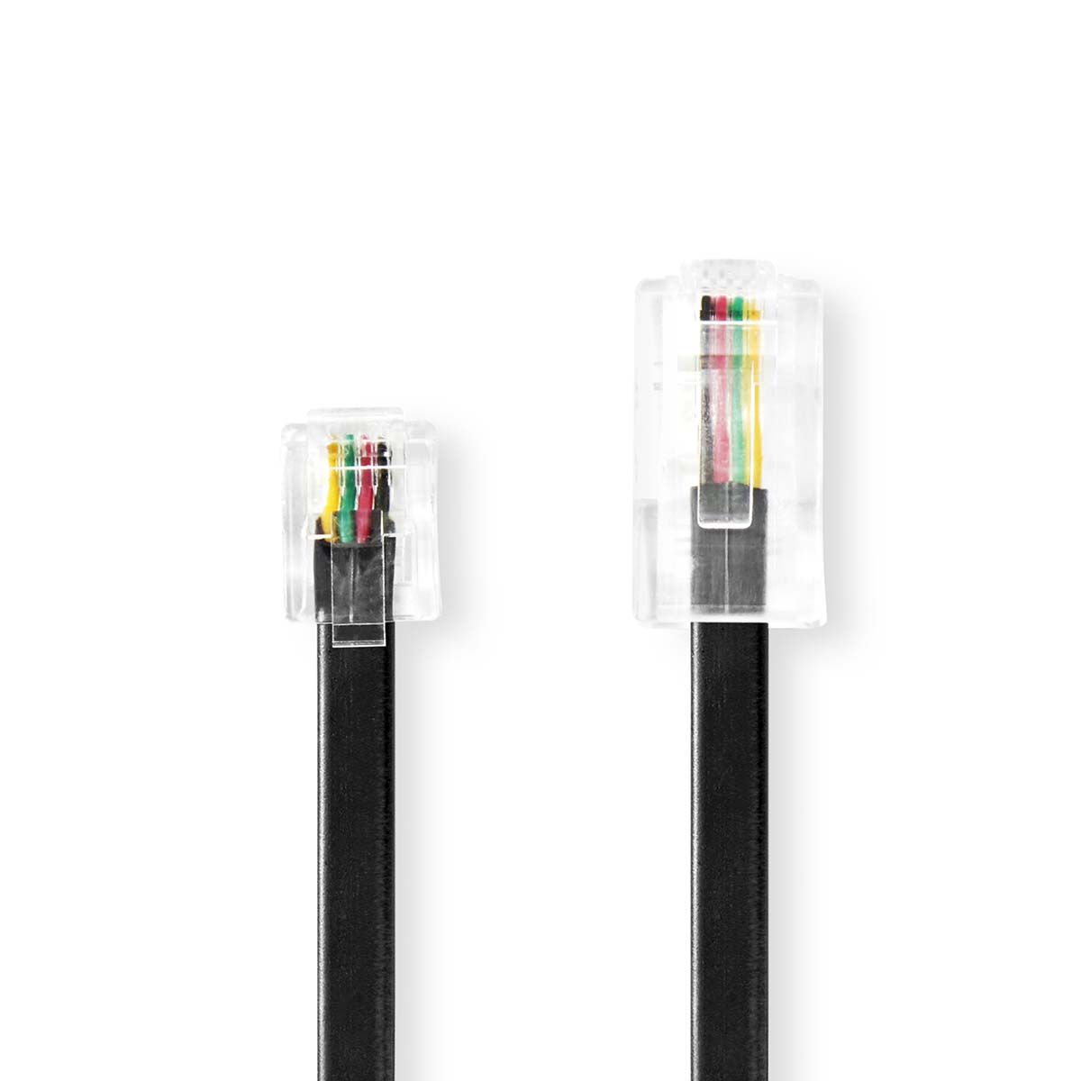 Due connettori con fili colorati, uno RJ11 e uno RJ45, collegati da cavi neri, su sfondo bianco.