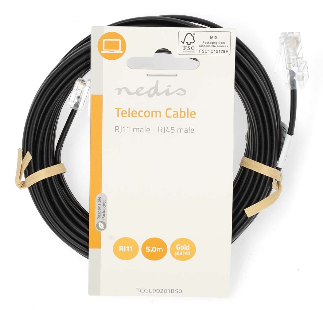 Cavo Telecom nero con connettori e confezione. Testo sulla confezione: 'Telecom Cable', 'RJ11 maschio - RJ45 maschio'.