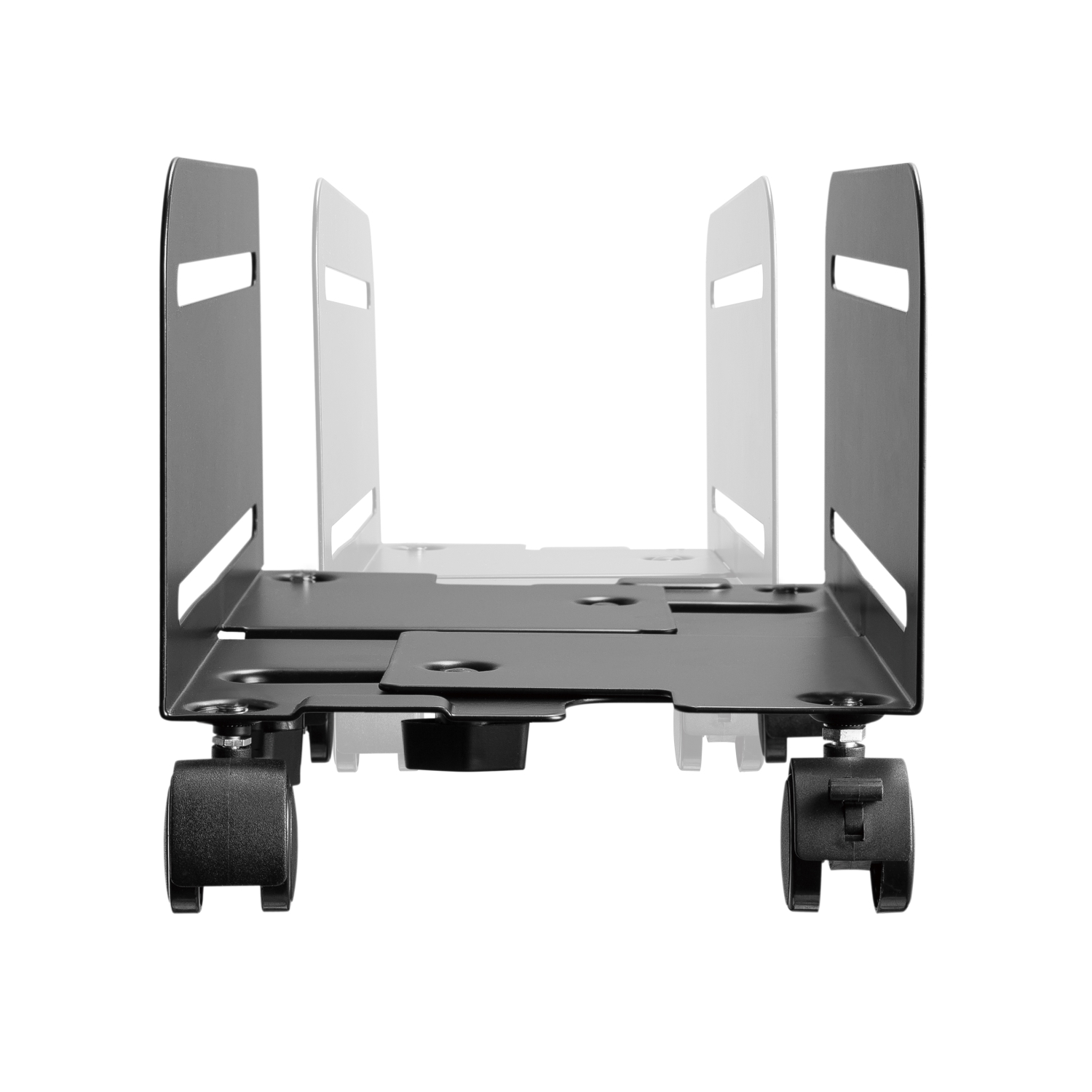 Un supporto per computer nero con ruote, progettato per contenere un computer desktop.