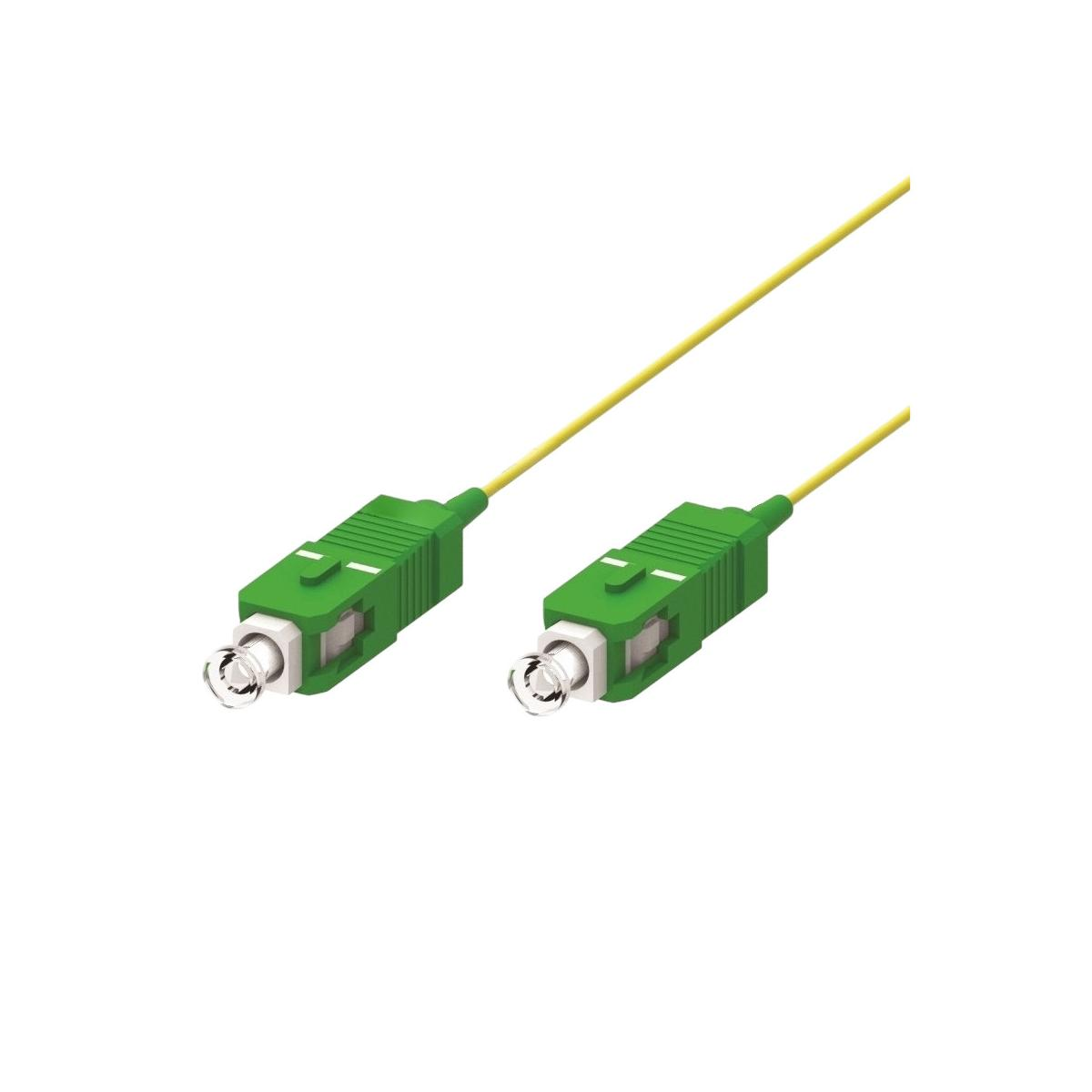 Due connettori in fibra ottica verdi con cavi gialli su sfondo bianco.