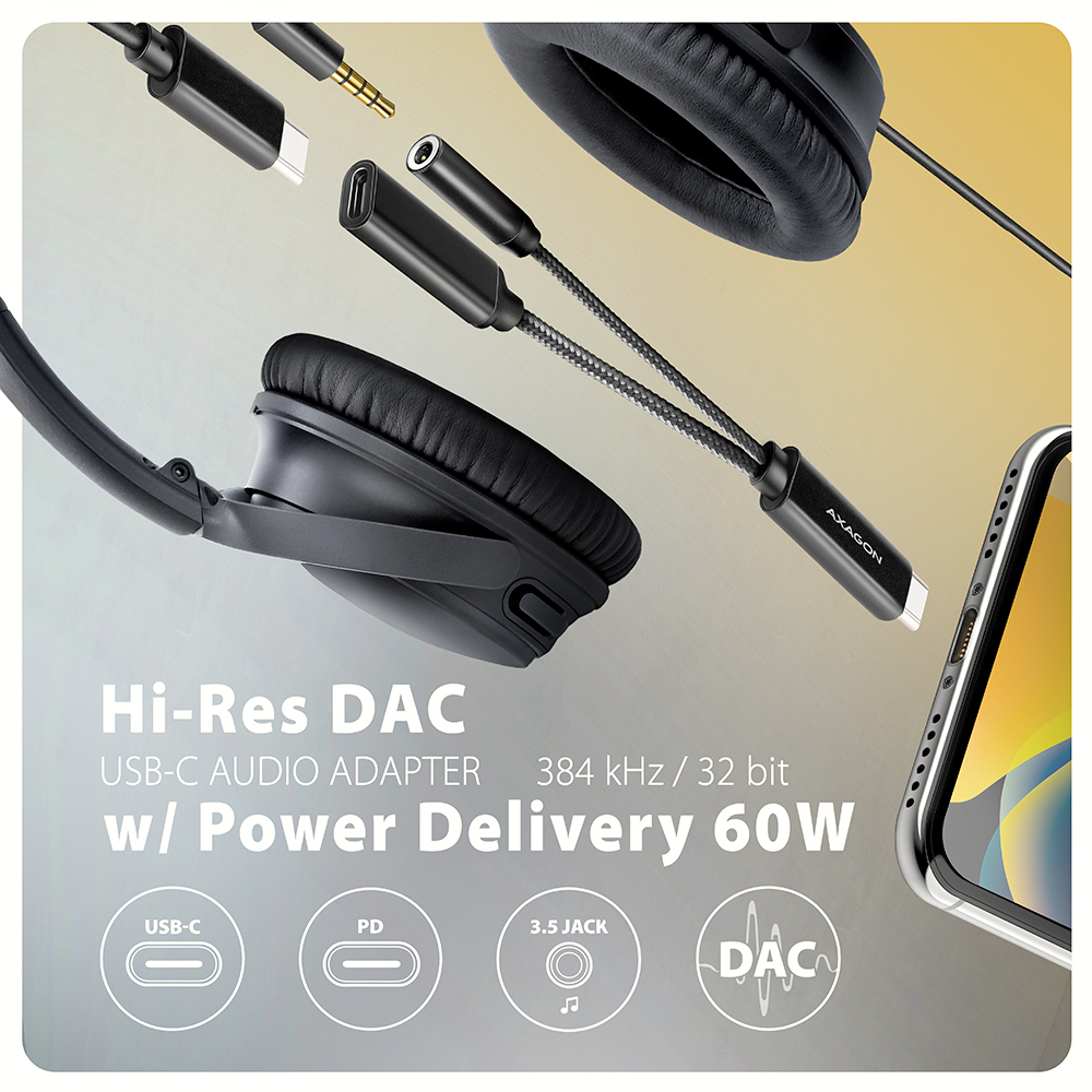 Adaptateur audio USB-C DAC Hi-Res avec casque et téléphone.