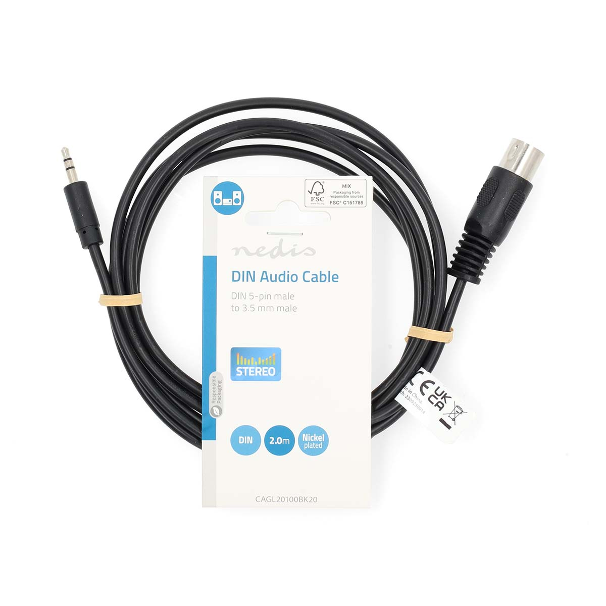 Cavo audio DIN nero con confezione. Include jack da 3,5 mm e connettore DIN.