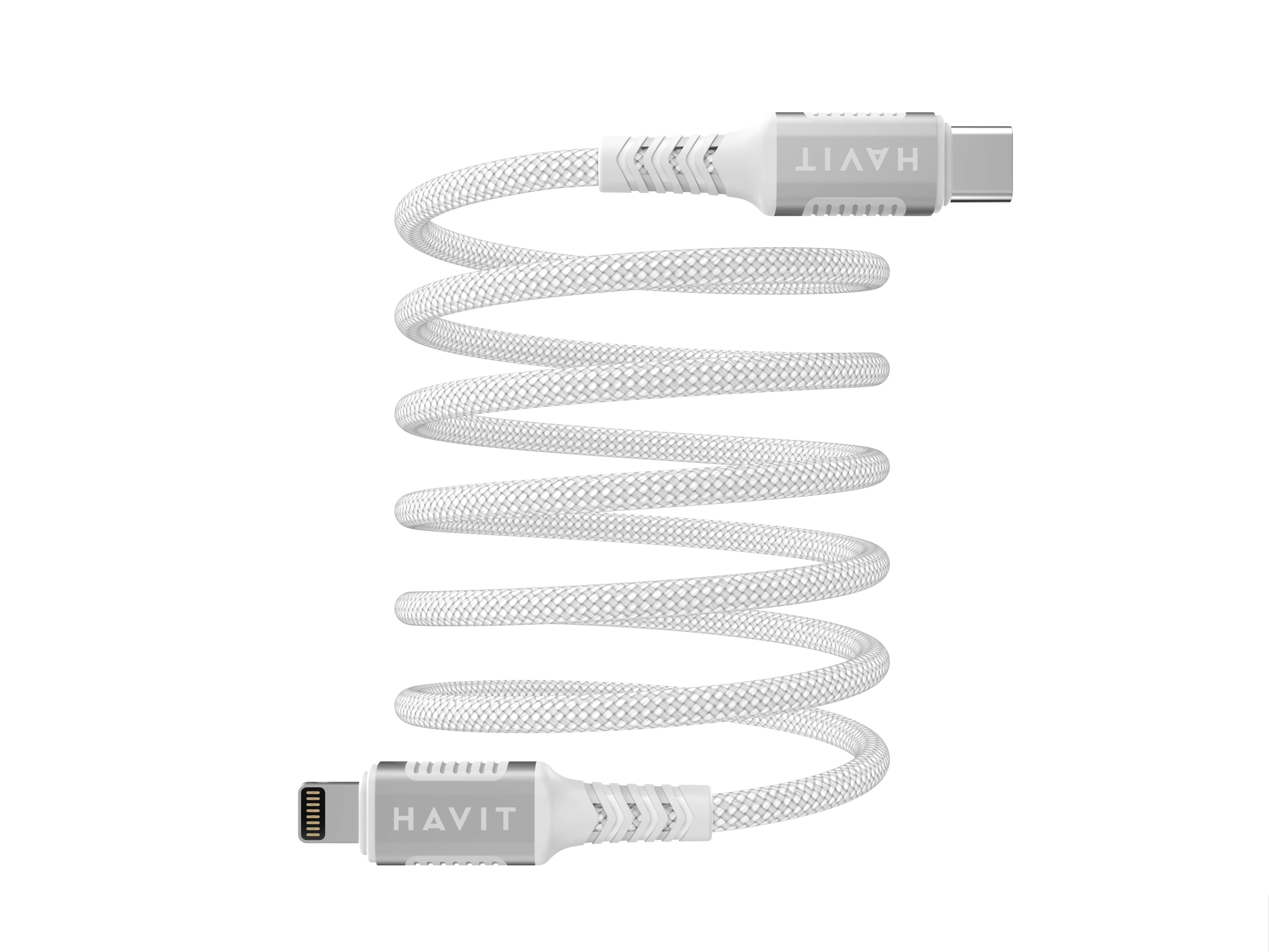 Biały kabel z Havit i złączami USB-C oraz Lightning, na białym tle.