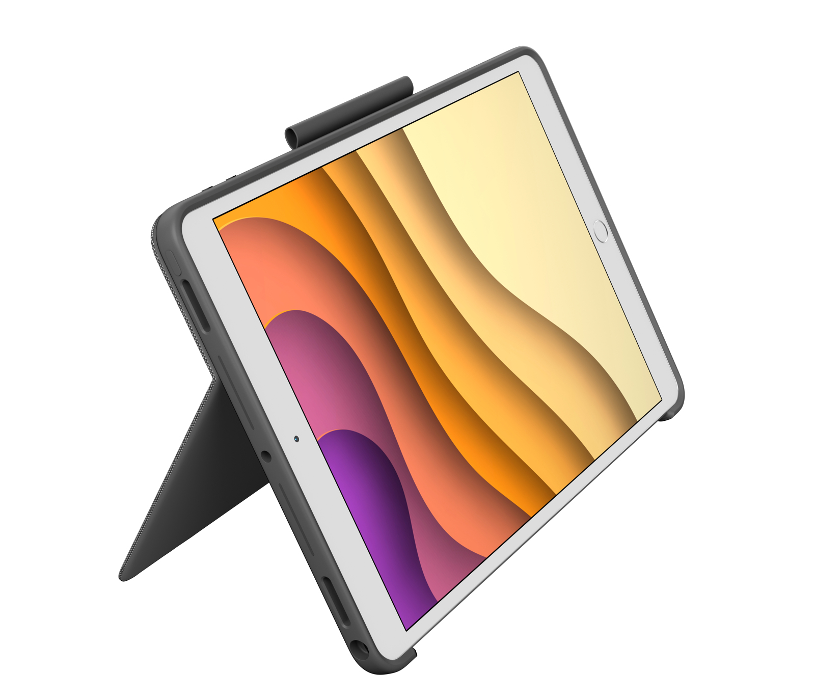 Ein Tablet in einem Gehäuse, aufgestellt. Der Bildschirm zeigt ein geschichtetes, abstraktes Design.