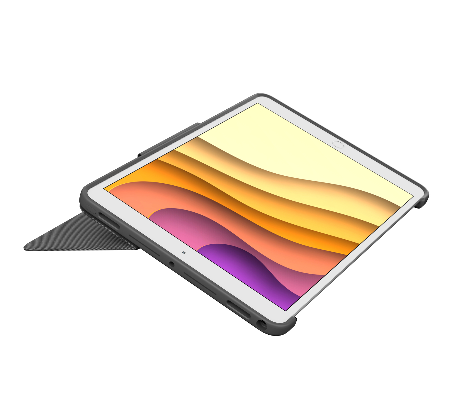 Ein Tablet auf einem grauen Gehäuse, diagonale Ansicht. Der Bildschirm zeigt Gelb und Orange.