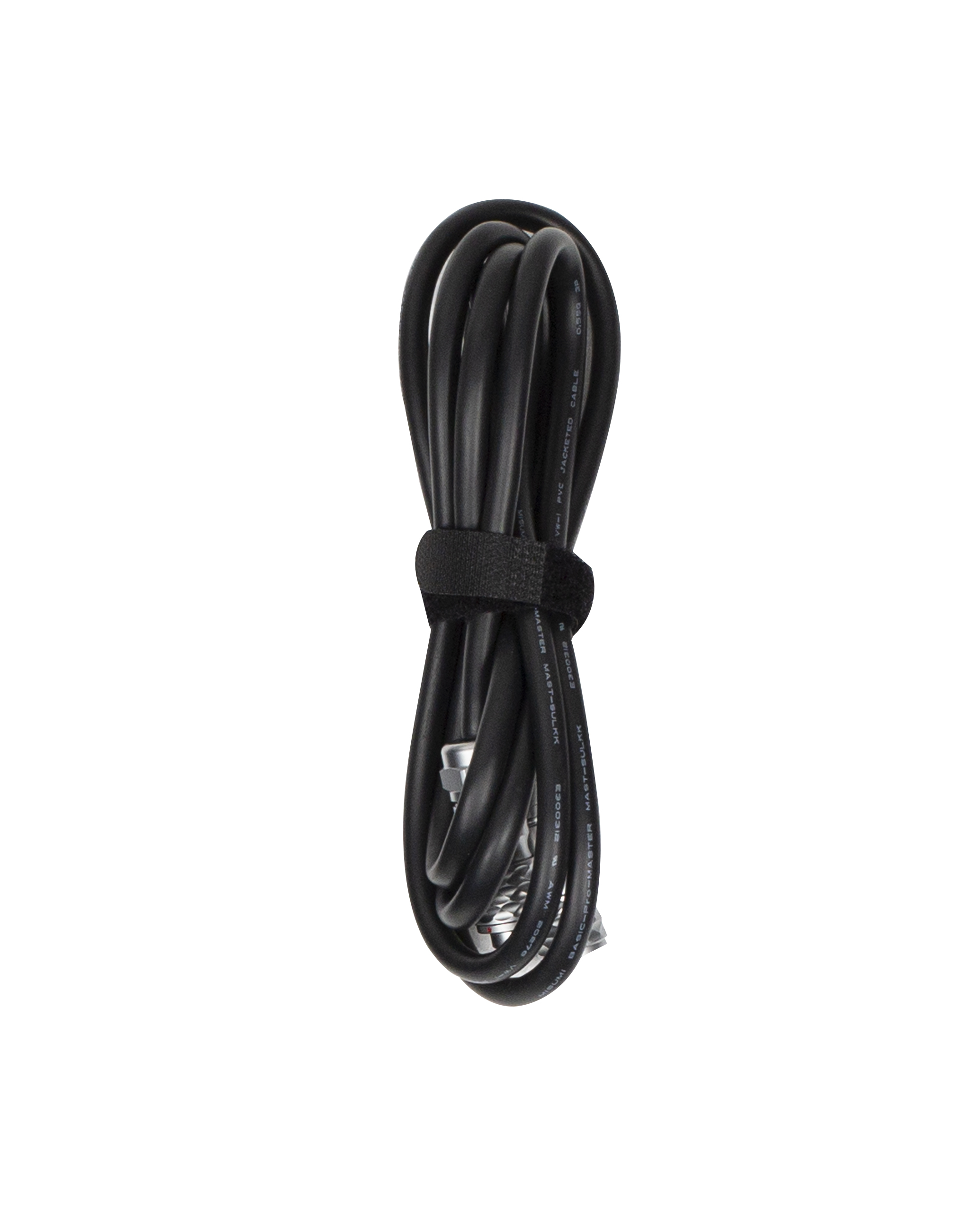 Cavo nero arrotolato con una fascia in velcro nera, su sfondo bianco.