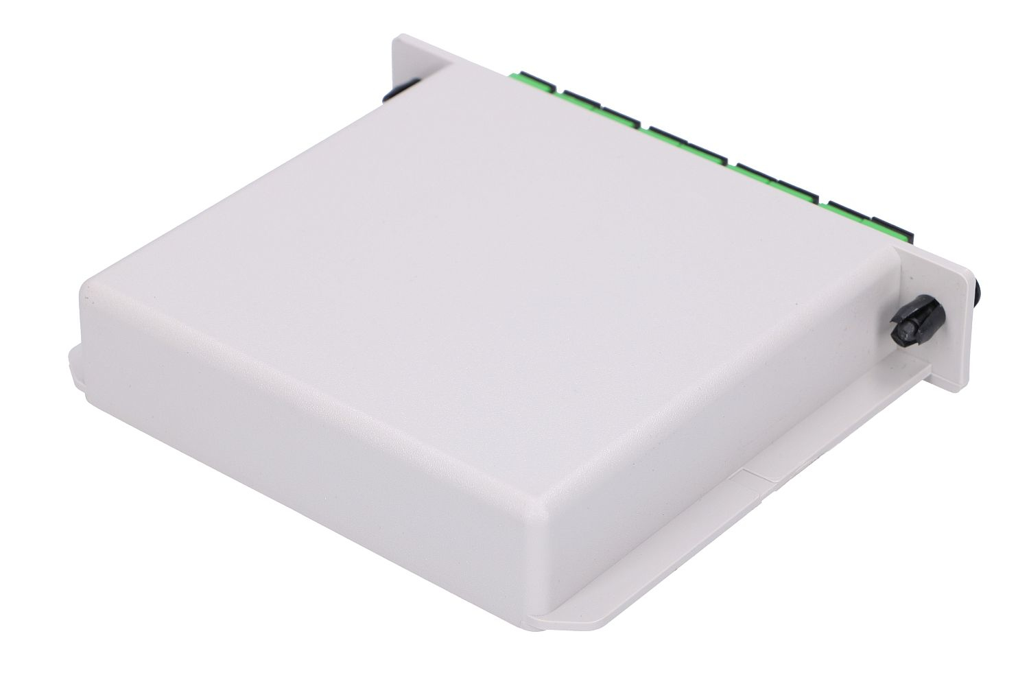 Szare pudełko z zielonymi portami, czarnymi pokrętłami i EXTRA LINK.