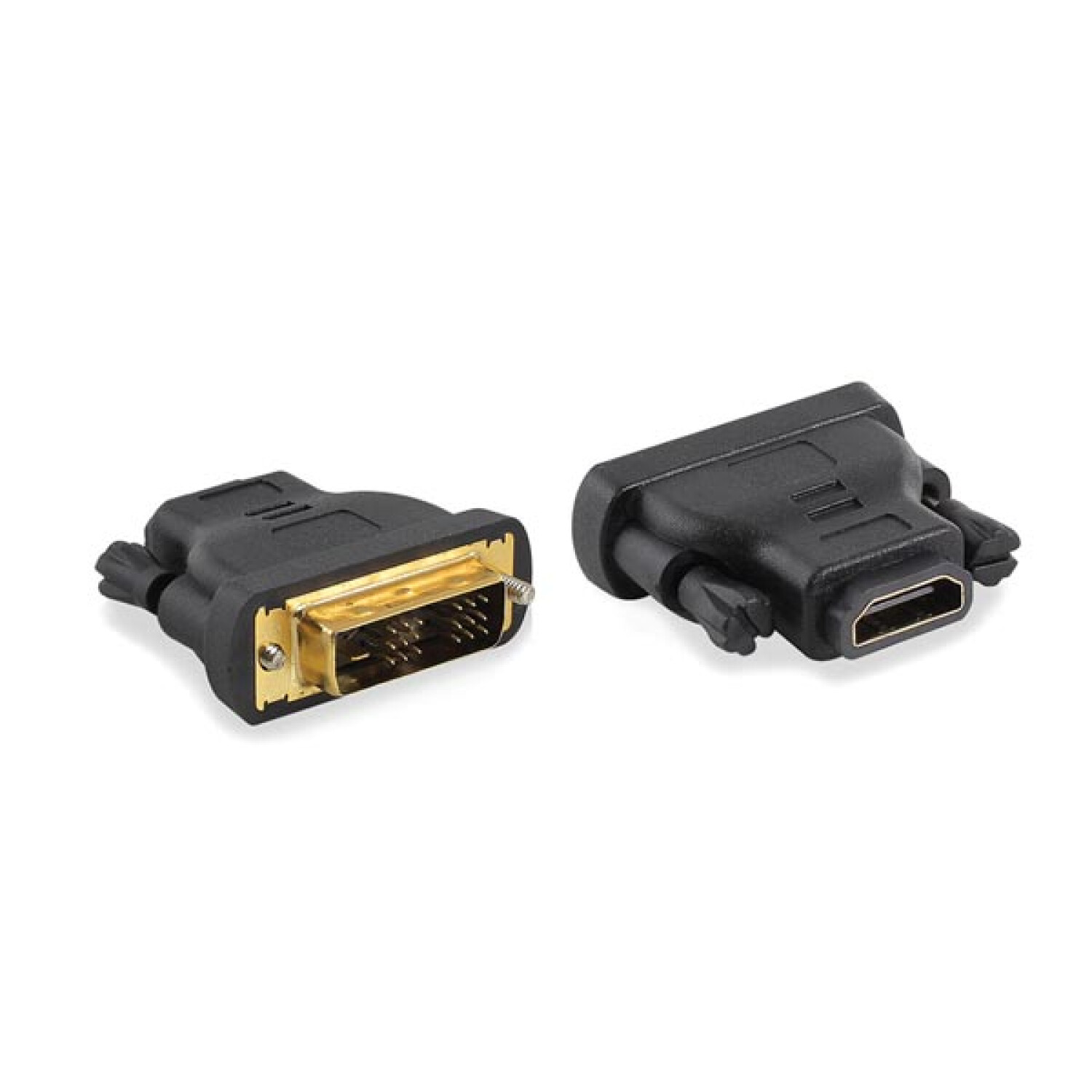 Dos adaptadores negros DVI a HDMI, sobre una superficie blanca.