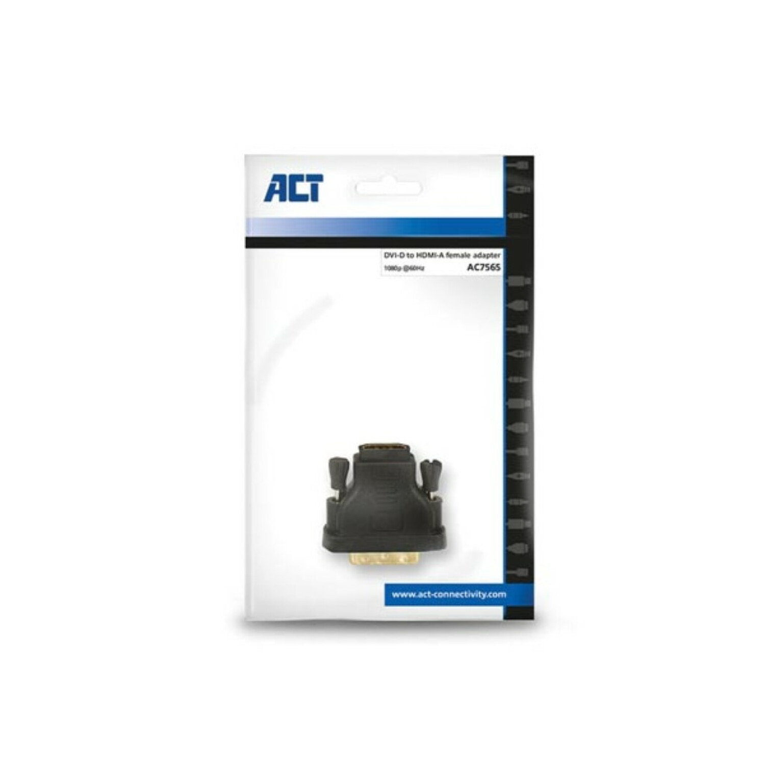 Adaptador hembra DVI a HDMI en un paquete blanco y negro.
