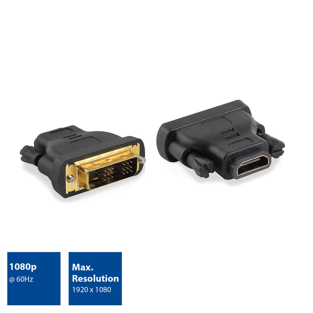 Dos adaptadores negros DVI a HDMI, con texto en la parte inferior.